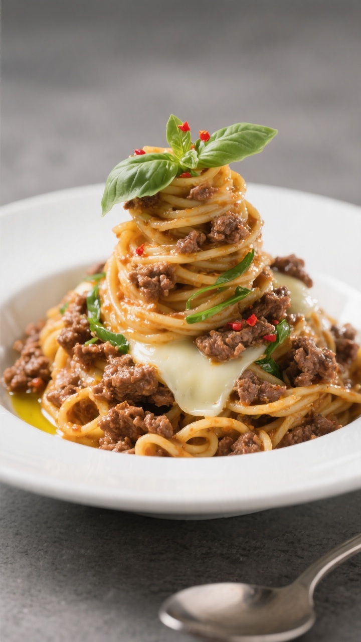 Final dish presentation: Restaurant-quality plated bowl of the ground beef pasta, generously sauced 