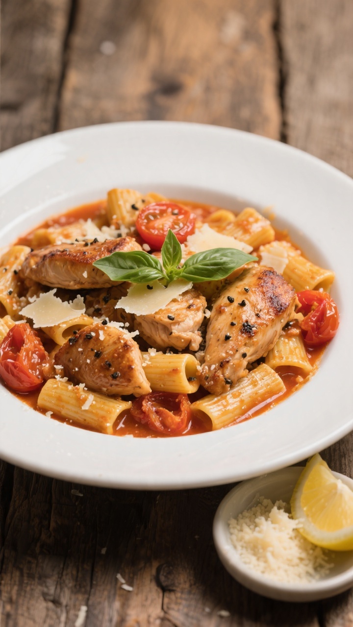 Final dish presentation: Restaurant-quality plated bowl of the one-pot Italian chicken pasta, rigato