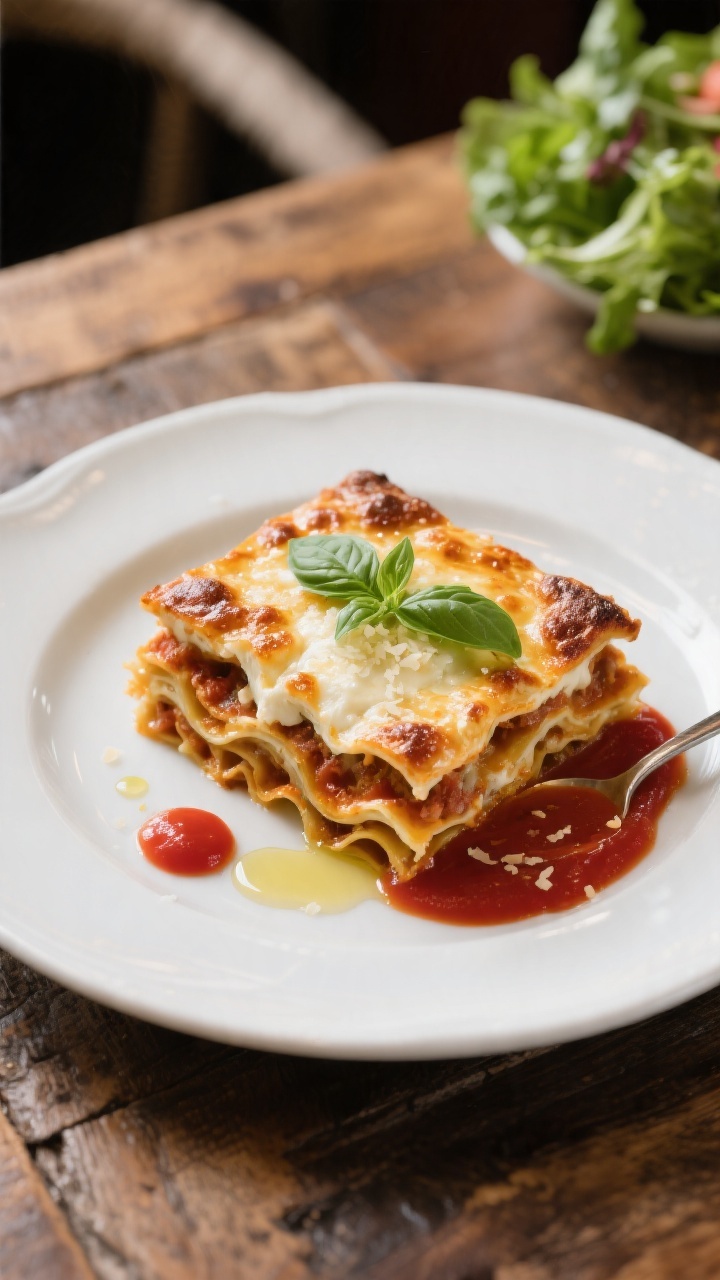 Final dish presentation: Restaurant-quality plated serving of cottage cheese lasagna on a wide white