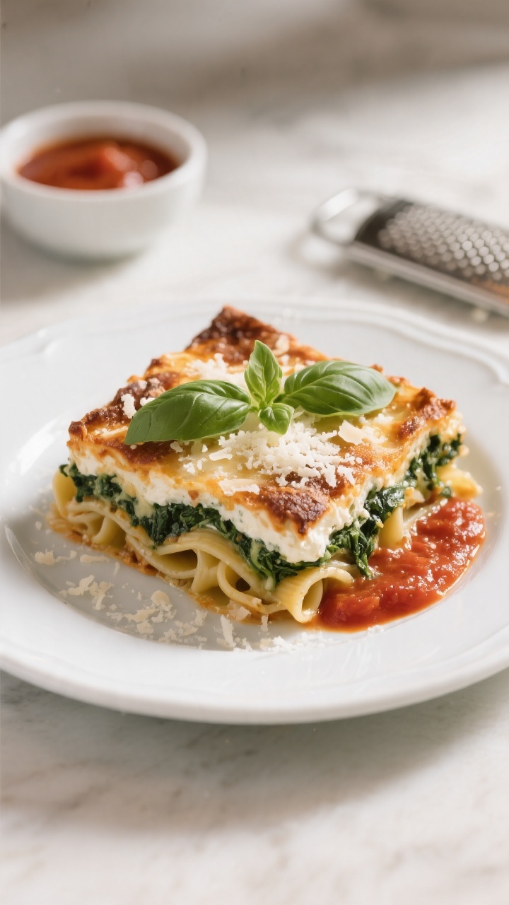 Final dish presentation: Restaurant-quality plated square of high-protein spinach ricotta pasta bake