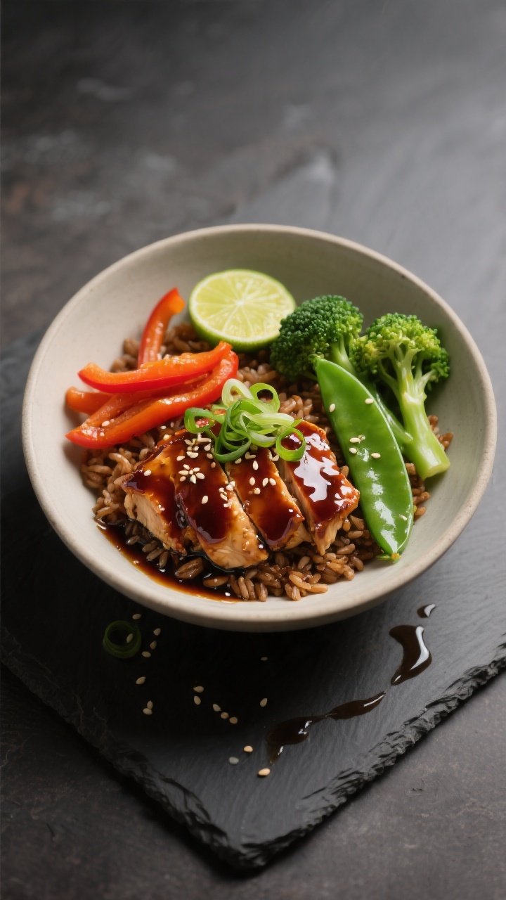Final dish presentation: Restaurant-quality plated Teriyaki Chicken & Veggie Bowl with brown rice—