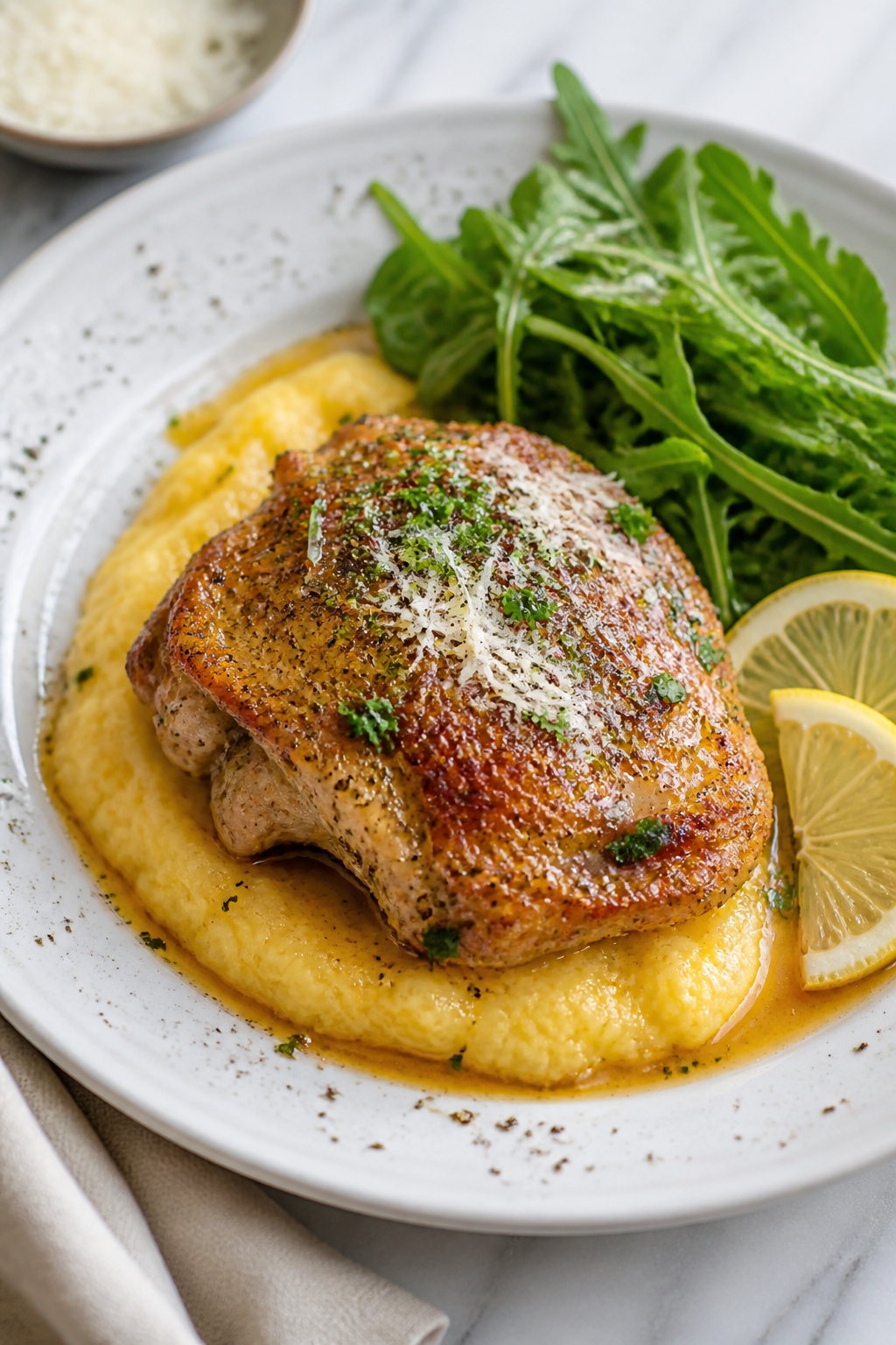 Final dish presentation: Restaurant-quality plated Italian Baked Chicken Thighs on a wide white plat
