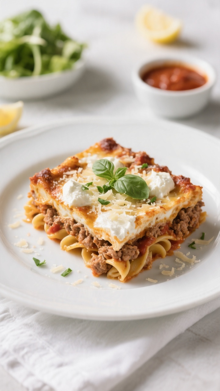 Final dish presentation: Restaurant-quality plated slice of Ground Turkey Pasta Bake on a white cera