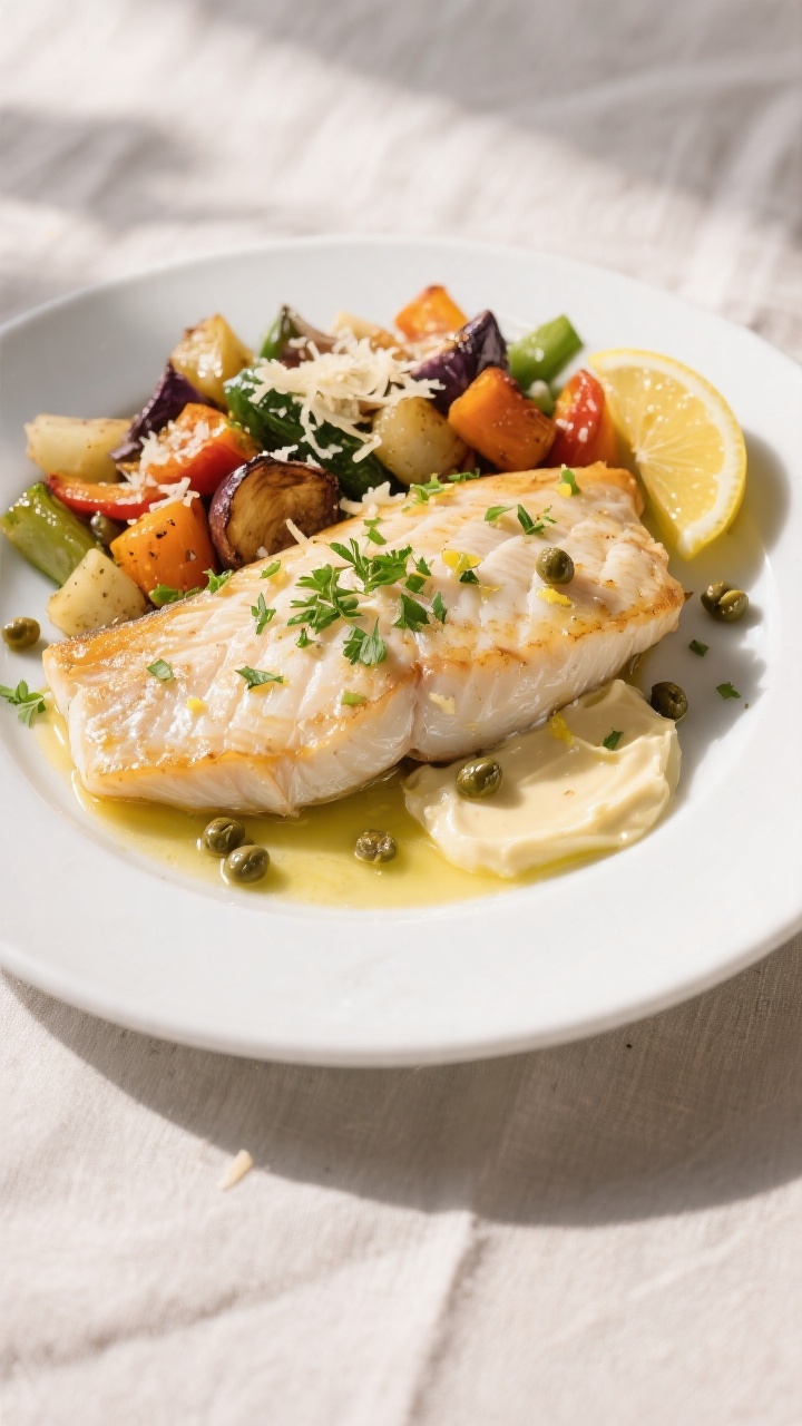 Final dish presentation: Restaurant-quality plated Garlic Butter Tilapia & Veggies—one perfectly f