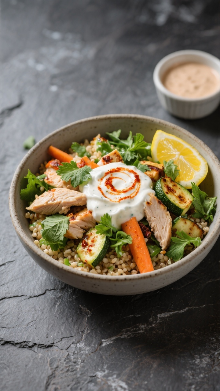 Final dish presentation: Restaurant-quality plated shawarma bowl variation on quinoa with extra gree