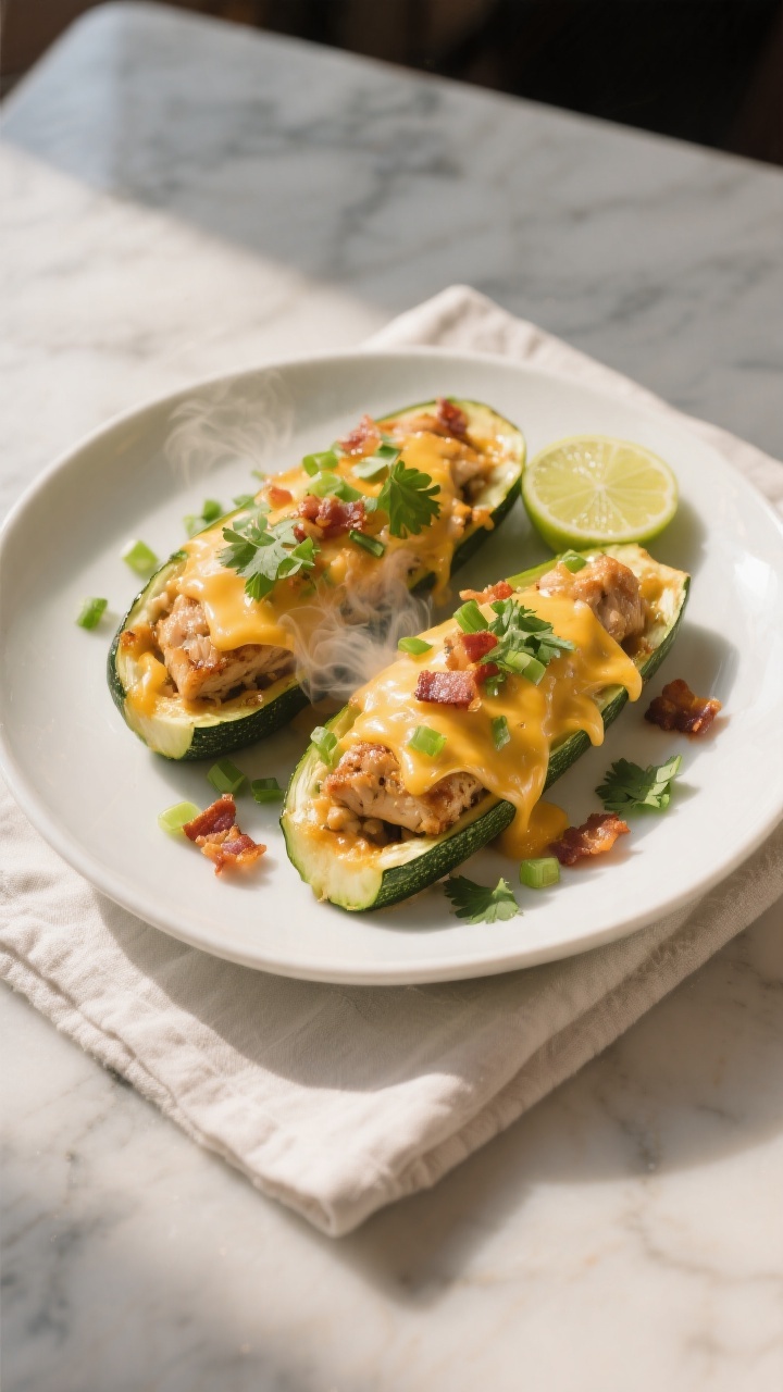 Final dish presentation: Restaurant-quality plated air fryer loaded chicken zucchini boats on a wide