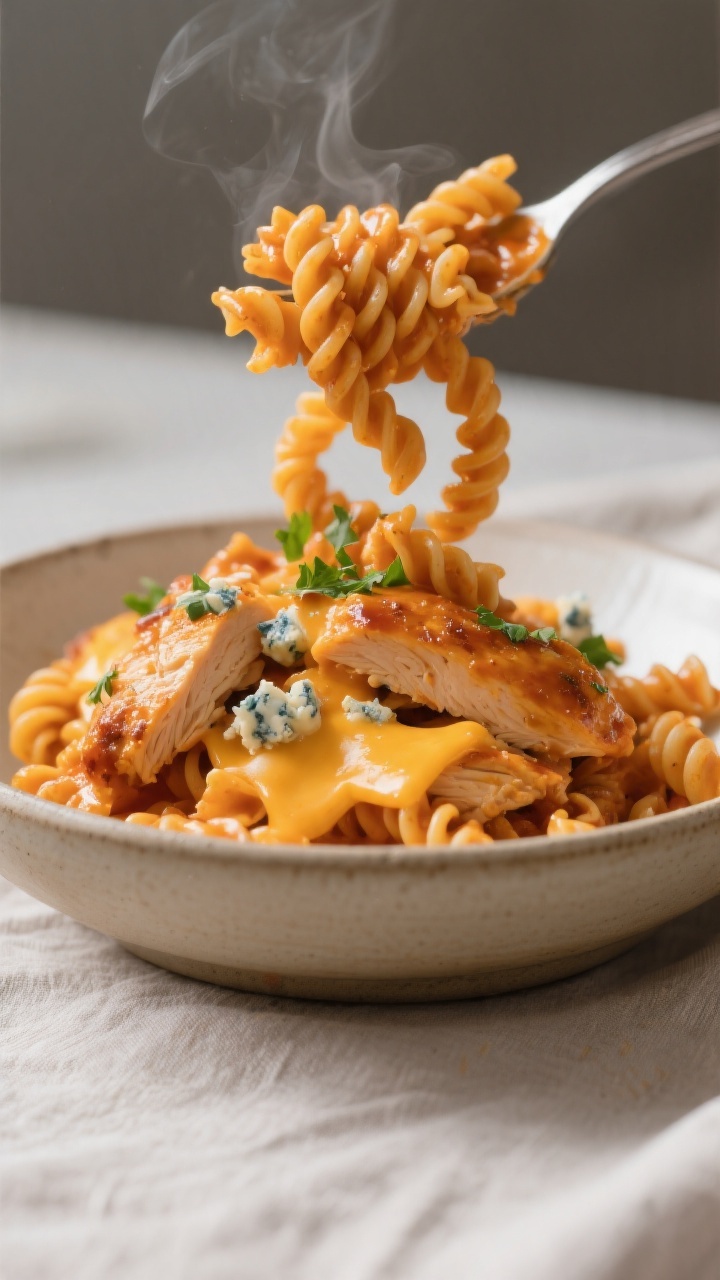 Final dish presentation: Restaurant-quality plated bowl of Buffalo chicken pasta, twirled high to sh
