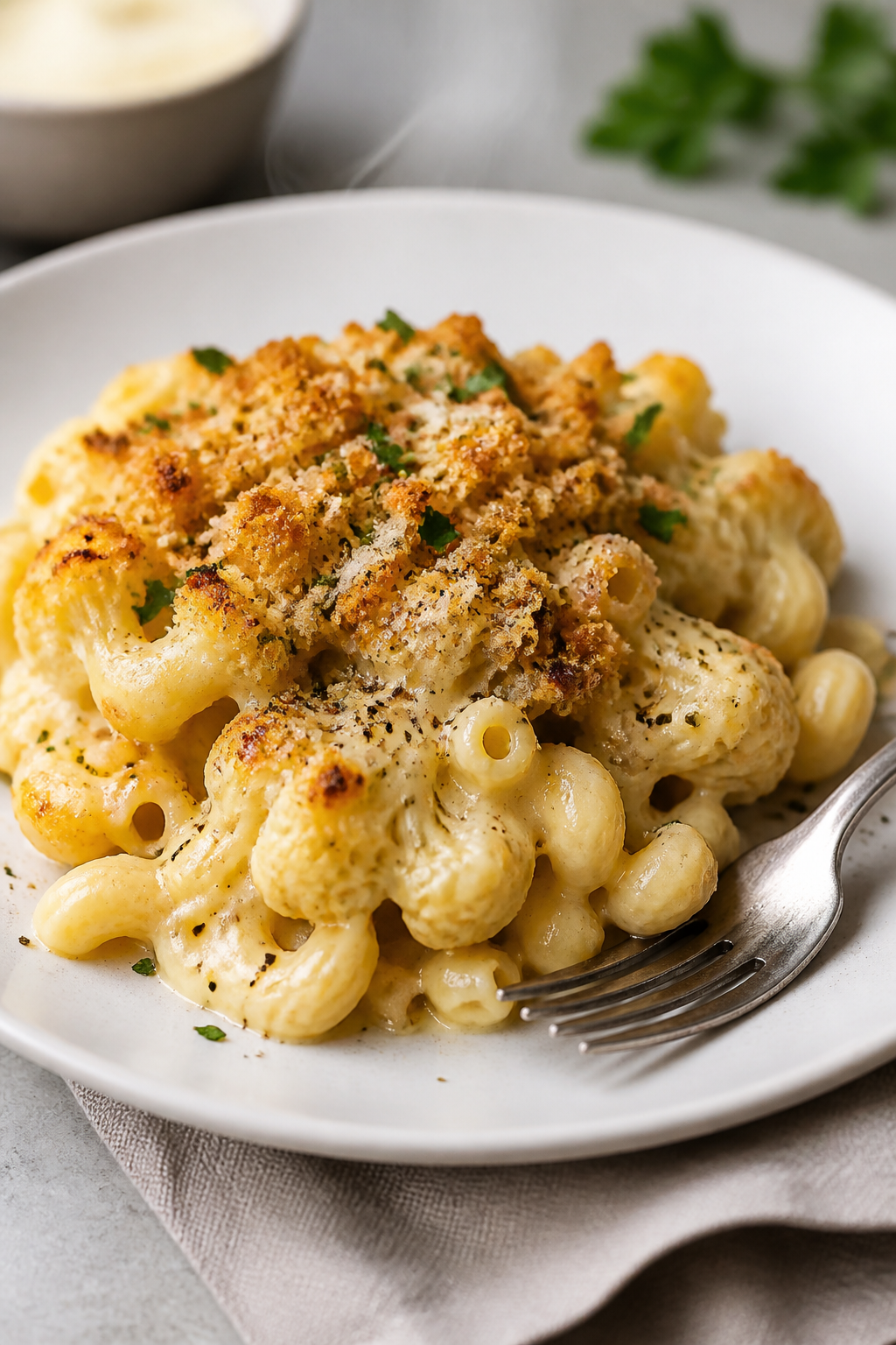 Final dish presentation: Restaurant-quality plated serving of Creamy Cauliflower Mac and Cheese Bake