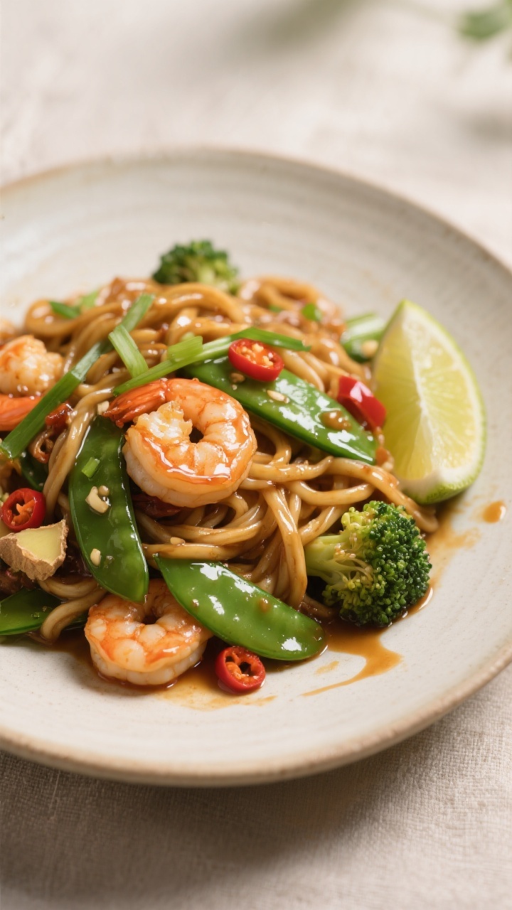Final dish presentation: Restaurant-quality plating of Garlic Chili Shrimp Stir Fry tossed with glos