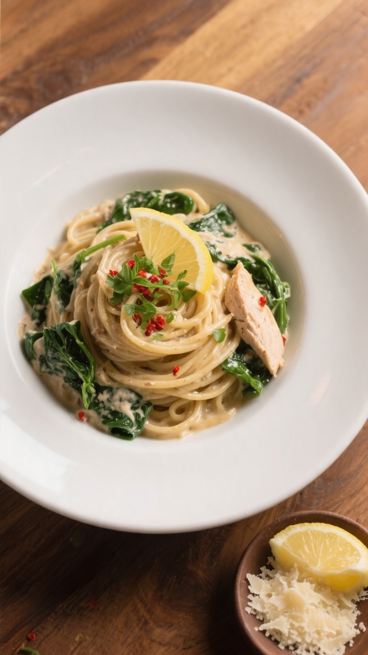 Final dish presentation: Restaurant-quality plating of Healthy Creamy Chicken & Spinach over al dent
