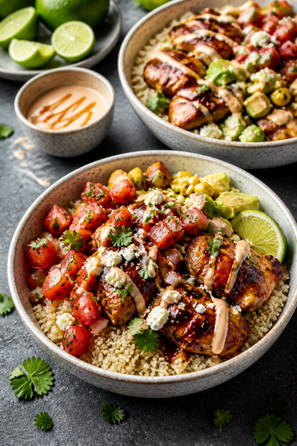 Final dish presentation: Restaurant-quality plating of BBQ Chicken Burrito Bowls set for serving—t