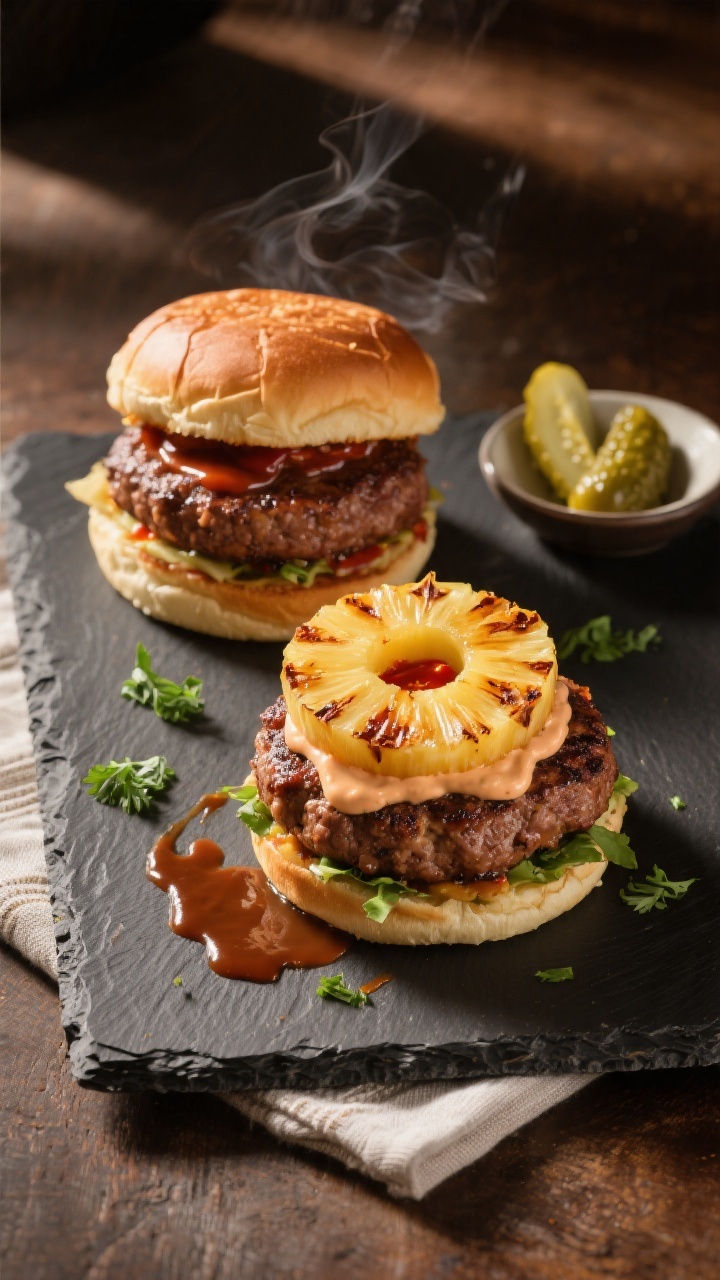 Final dish presentation: Restaurant-quality plating of two BBQ turkey burgers—one classic and one 
