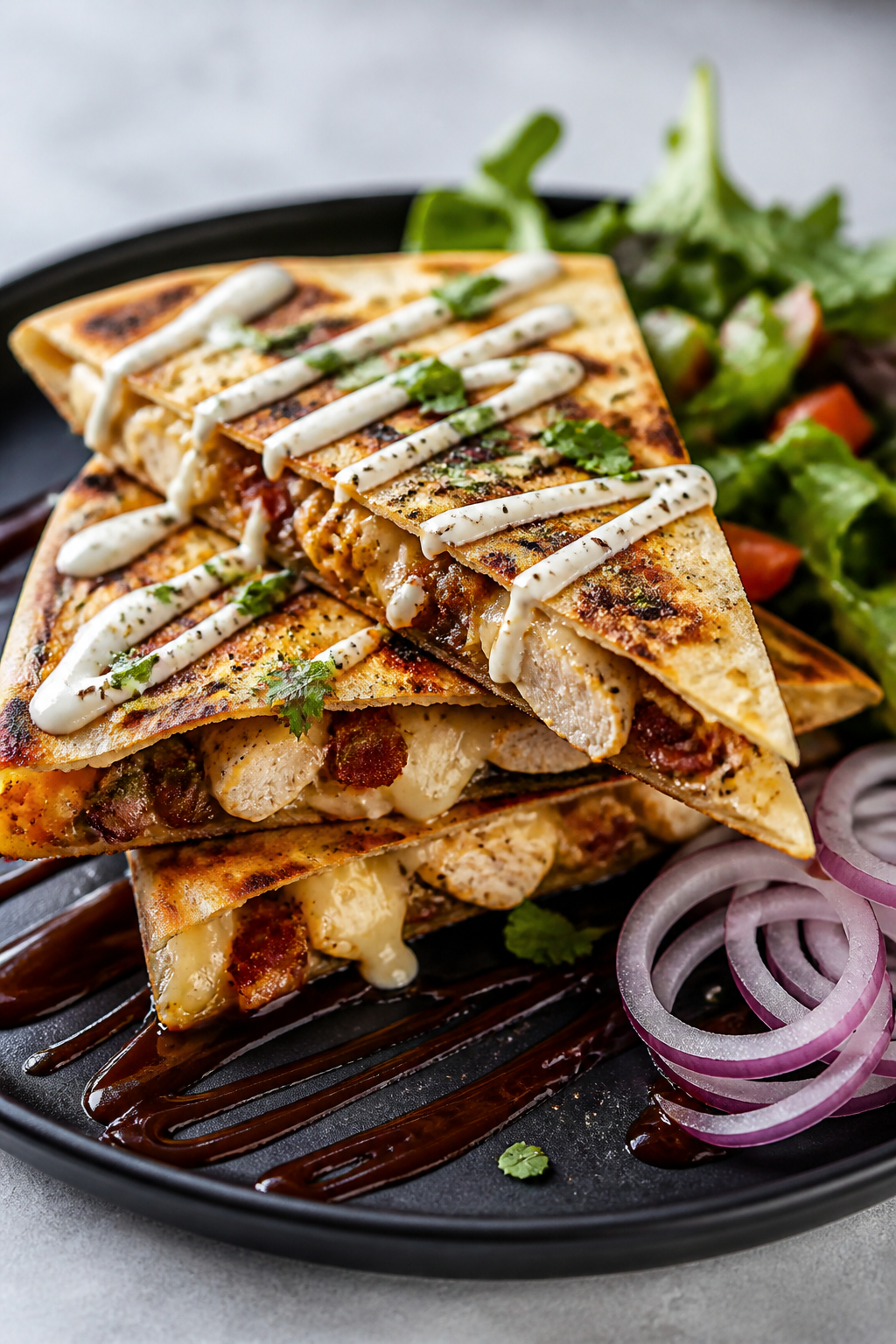 Final dish presentation: Restaurant-quality plating of BBQ Chicken Bacon Ranch Quesadilla wedges sta