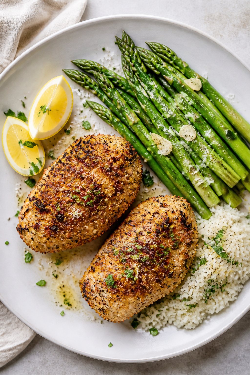 Final dish presentation: Restaurant-quality plating of two Parmesan crusted chicken thighs on a matt