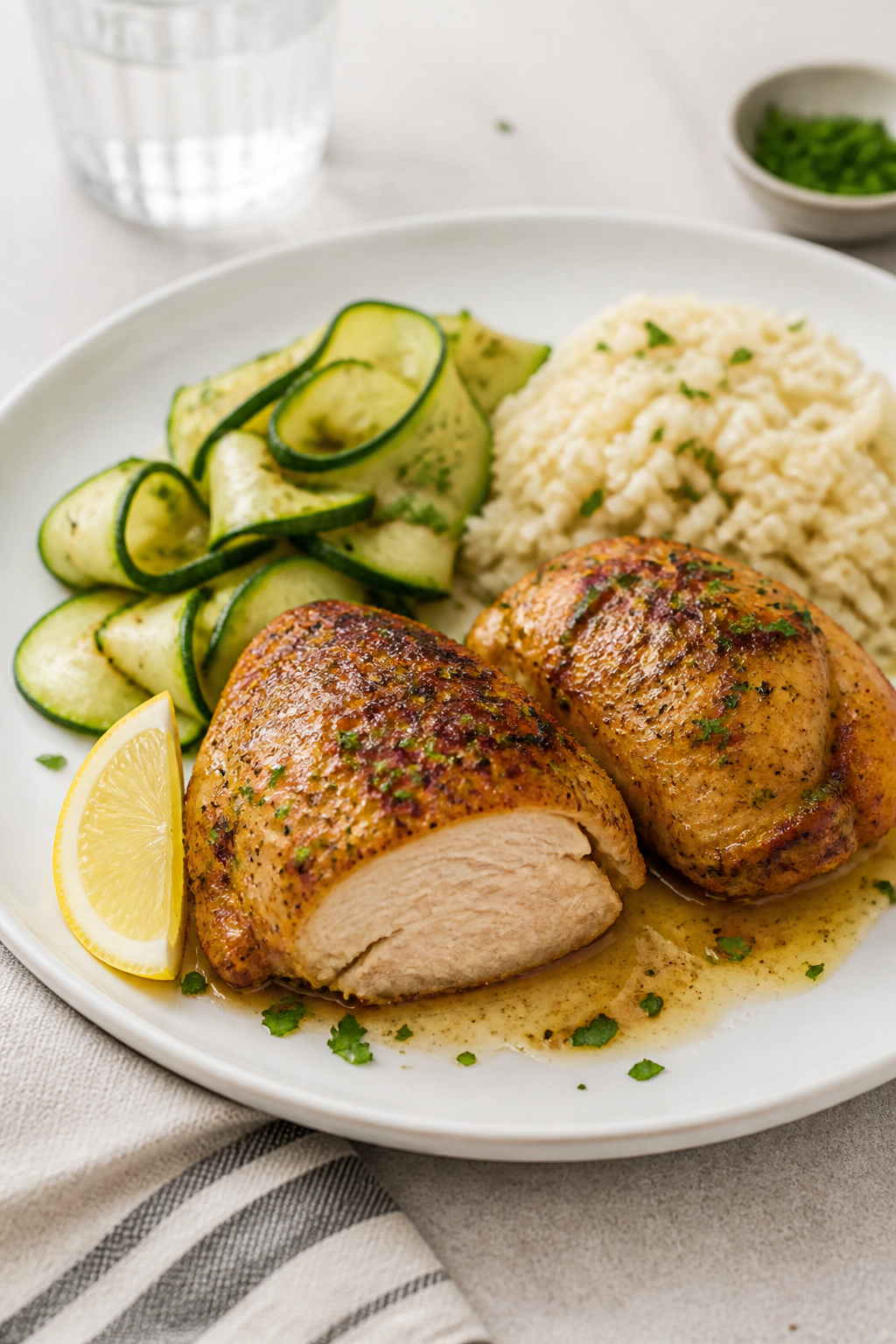 Final dish presentation: Restaurant-quality plating of two chicken thighs on a wide white plate with