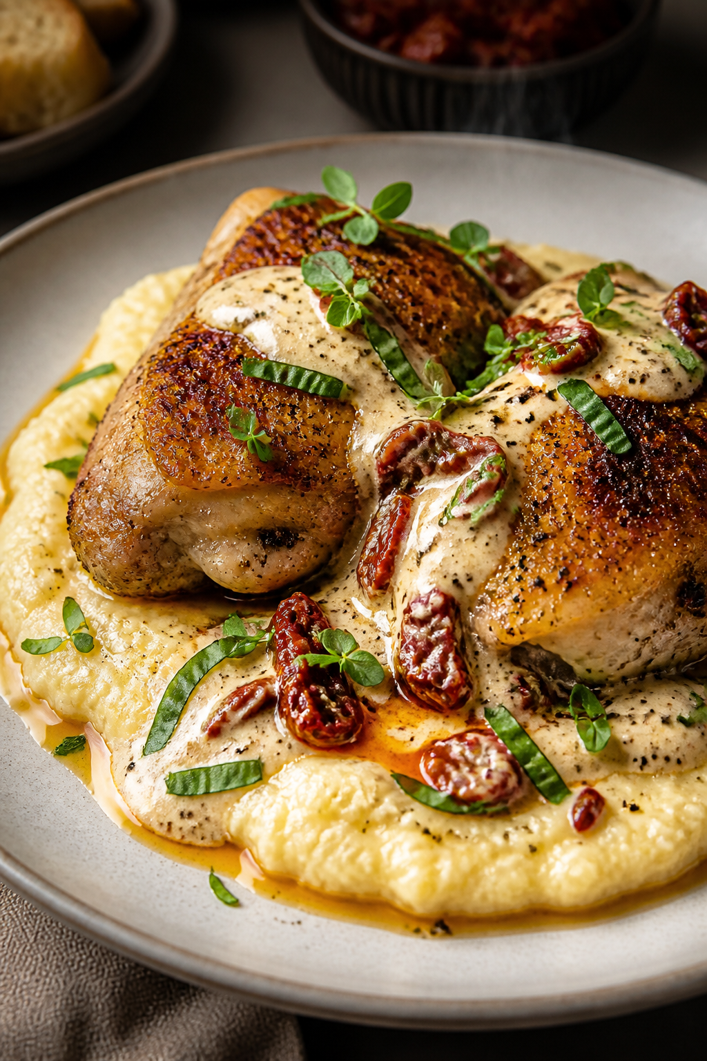 Final dish presentation: Restaurant-quality plating of two bone-in chicken thighs on creamy polenta,
