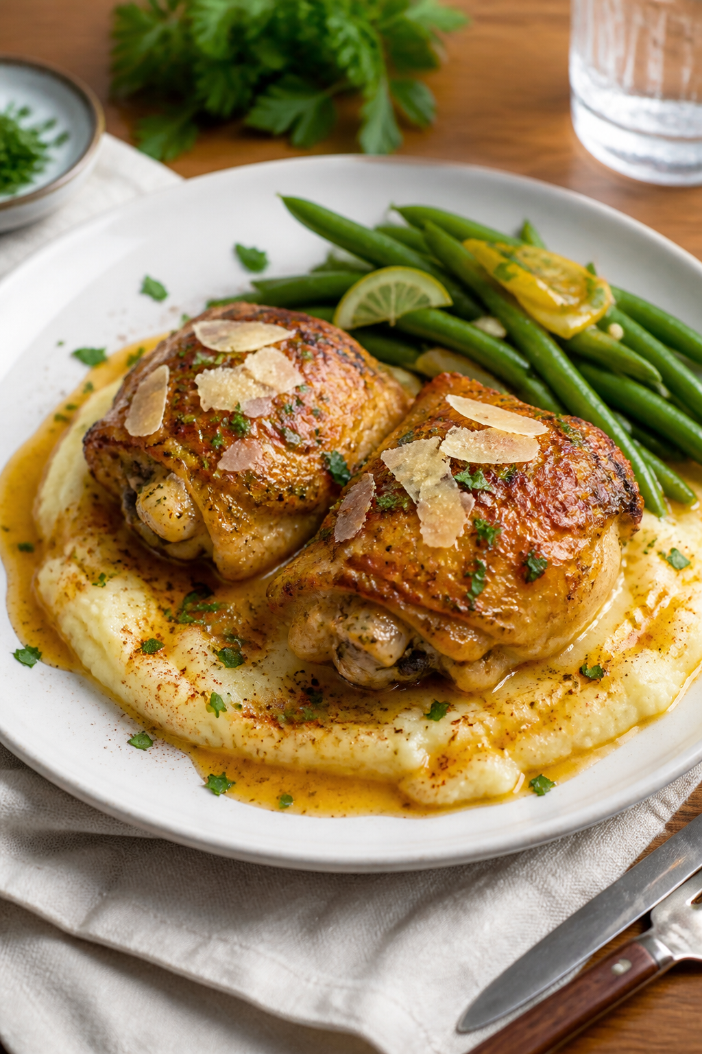 Final dish presentation: Restaurant-quality plating of two million dollar chicken thighs on a white 