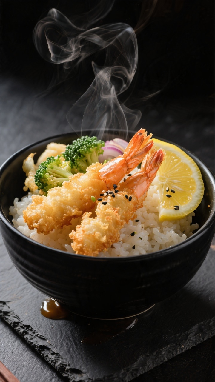 Final dish presentation: Restaurant-quality plating of shrimp tempura rice bowl in a matte black bow
