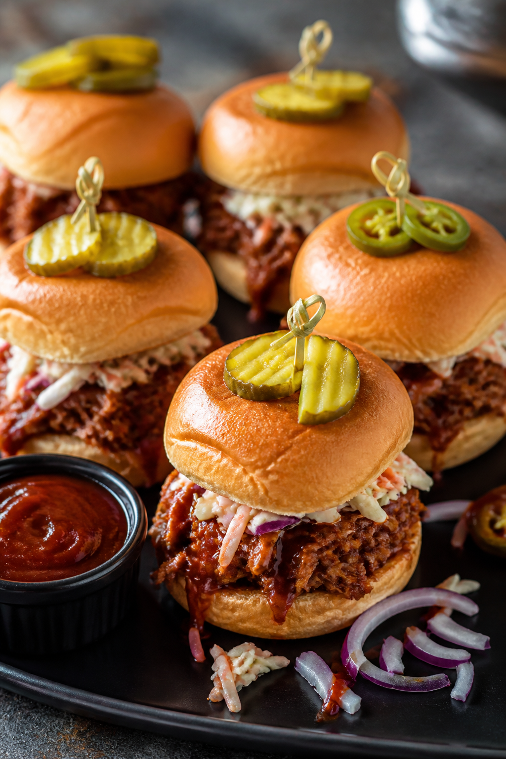 Final dish presentation: Restaurant-quality platter of assembled BBQ pulled pork sliders on a matte 