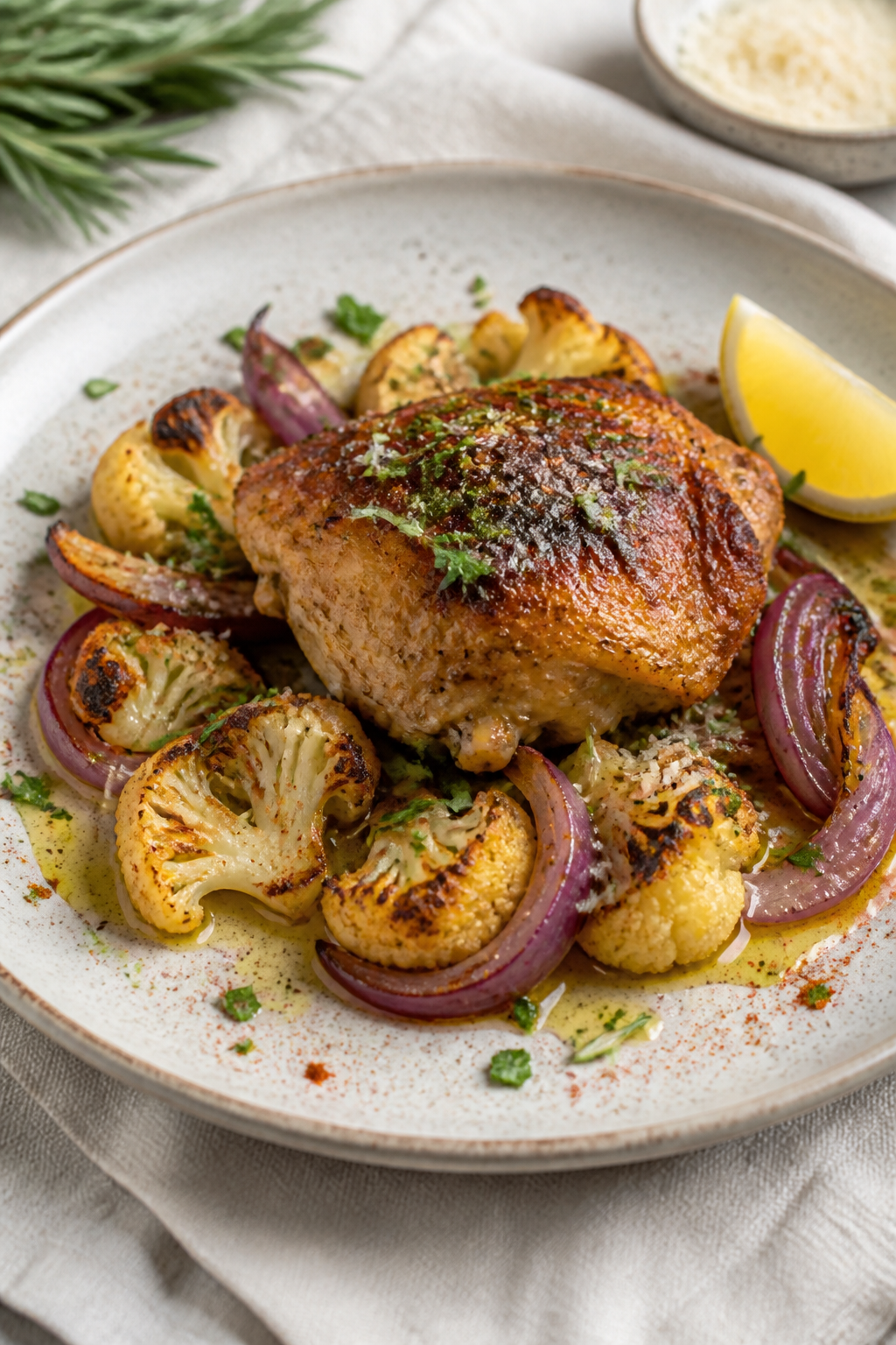 Final dish presentation: Restaurant-quality single-plate composition of a bone-in chicken thigh with