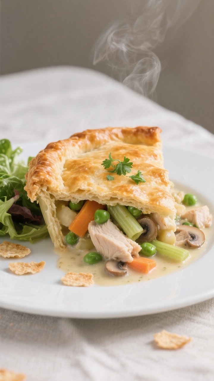 Final dish presentation: Restaurant-quality, three-quarter angle of a baked healthy chicken pot pie 