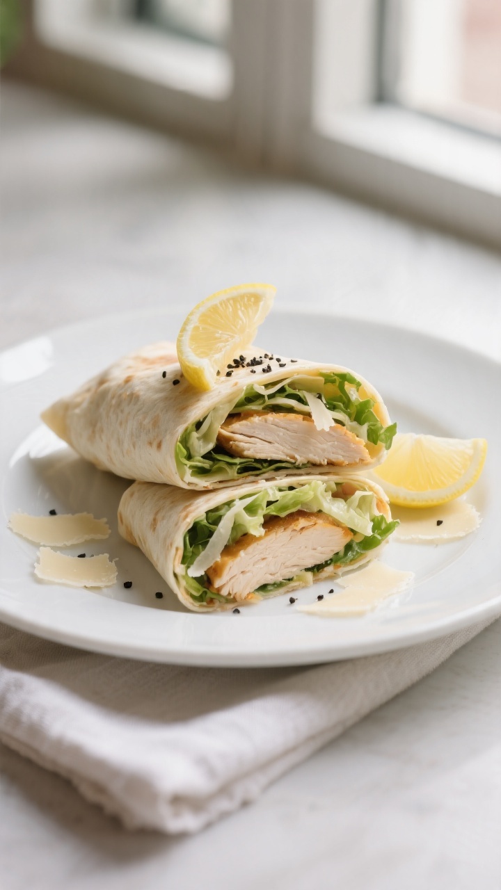 Final dish presentation: Sliced Chicken Caesar wrap, cut on a diagonal and stacked slightly offset t