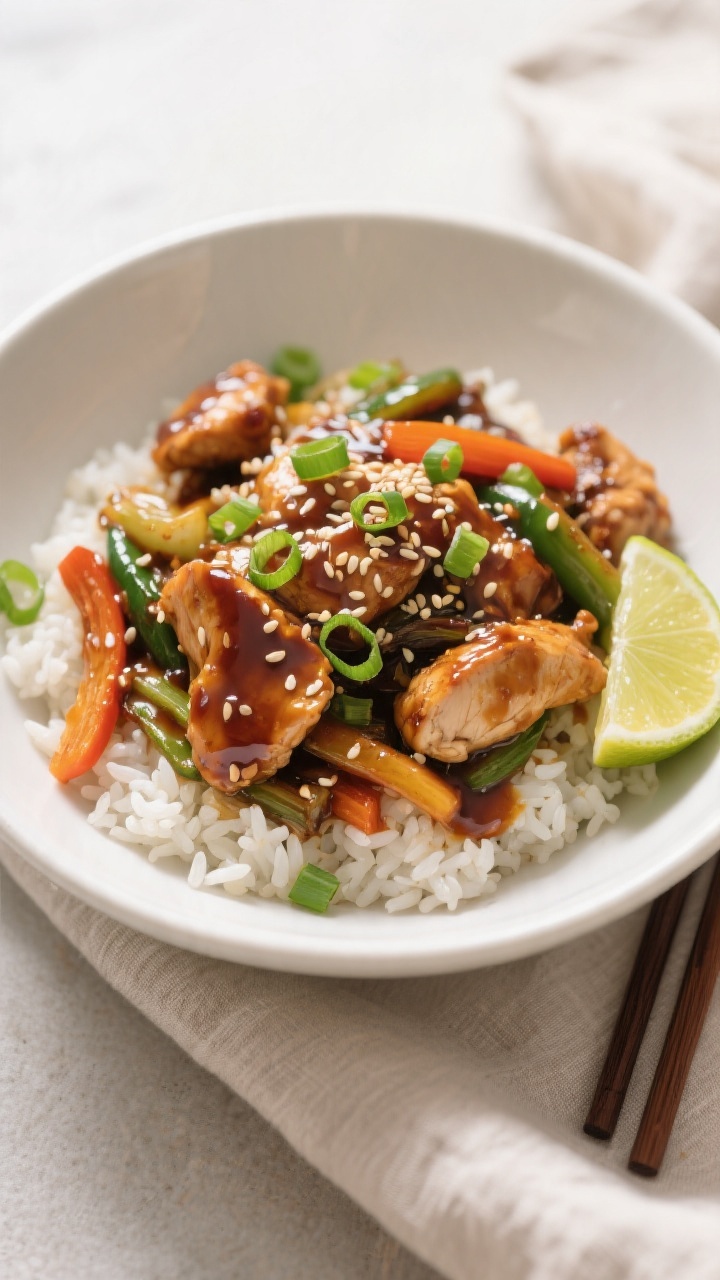 Final dish presentation: Teriyaki Chicken Stir Fry Bowl beautifully plated over fluffy jasmine rice
