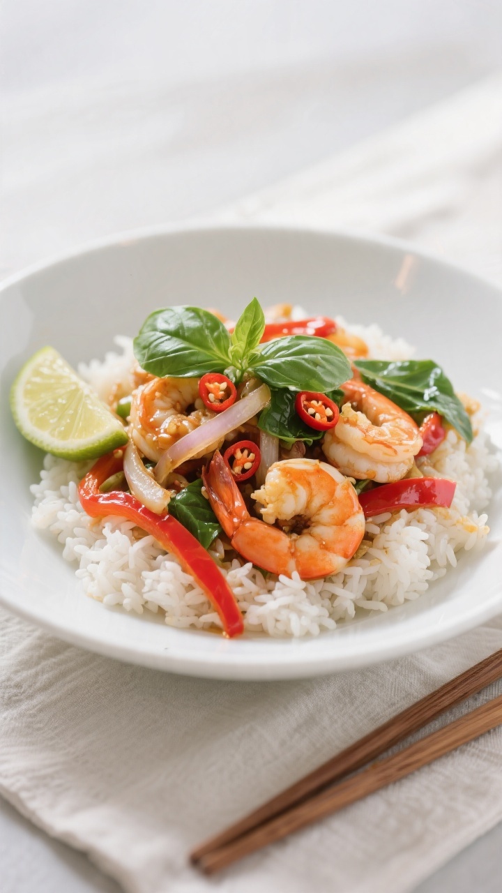 Final dish presentation: Thai Basil Shrimp Stir Fry plated over fluffy jasmine rice in a wide, shall