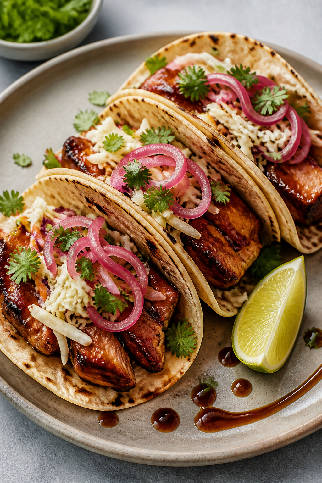 Final dish presentation: Three Crispy BBQ Chicken Tacos plated on a matte ceramic plate, each filled