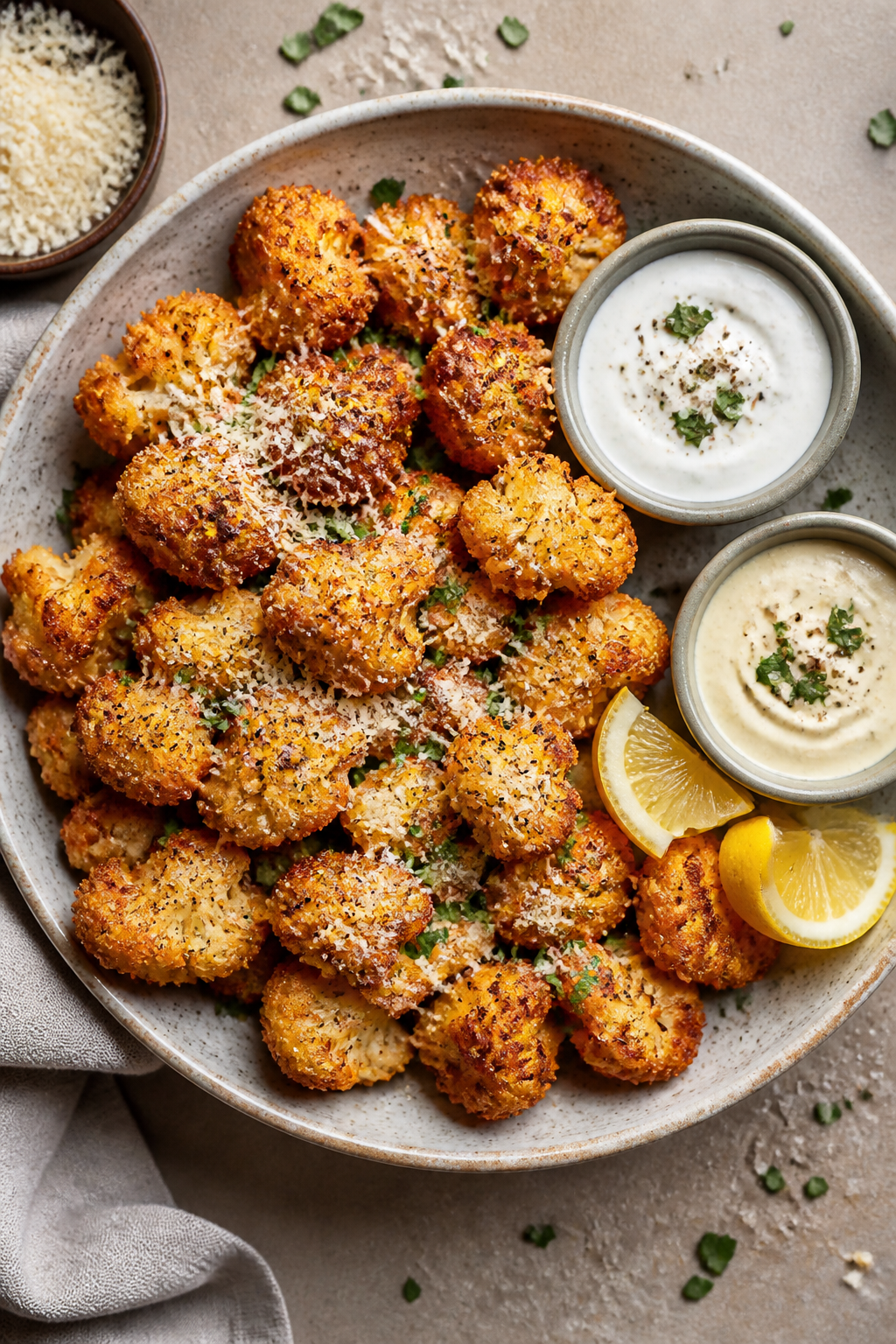 Final dish presentation, top view: Plated Crispy Garlic Parmesan Cauliflower Wings arranged in a sha
