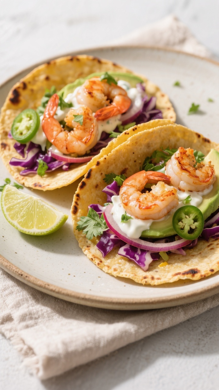 Final dish presentation: Two assembled Healthy Air Fryer Shrimp Tacos on a warm, slightly charred co