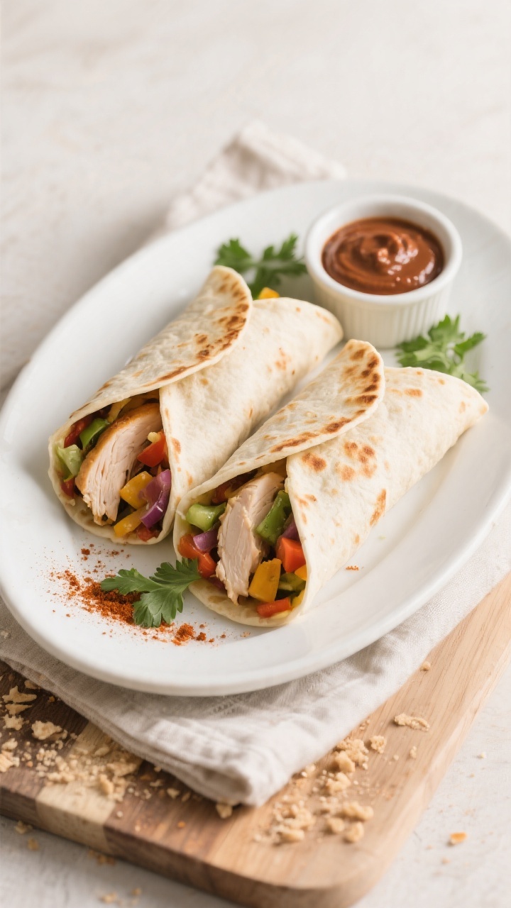 Final dish presentation: Two finished chicken wraps, seam-side down and lightly crisped in the air f