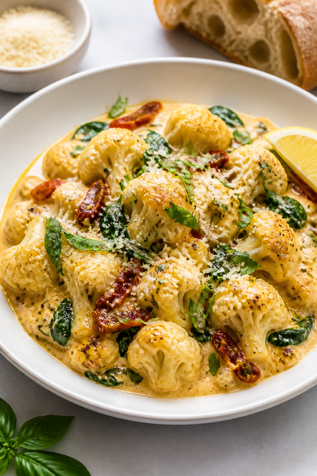 Final dish, restaurant-style plating: Creamy Tuscan Cauliflower Skillet plated as a meatless main in