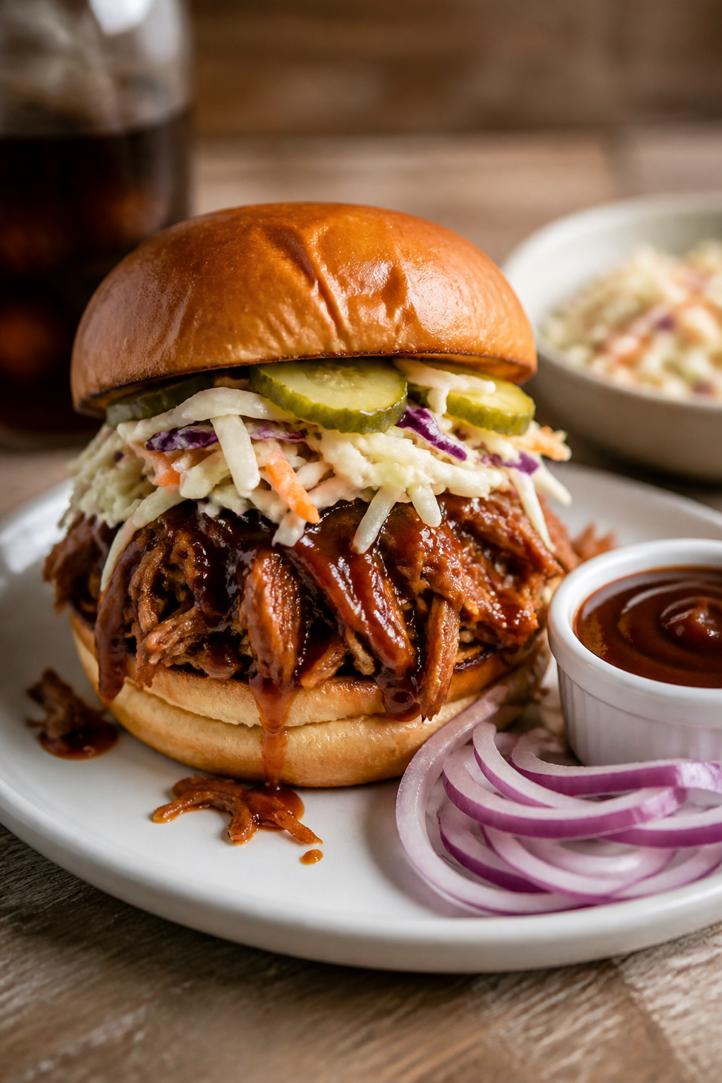 Final dish sandwich: Beautifully plated root beer BBQ chicken piled high on a toasted brioche bun, t