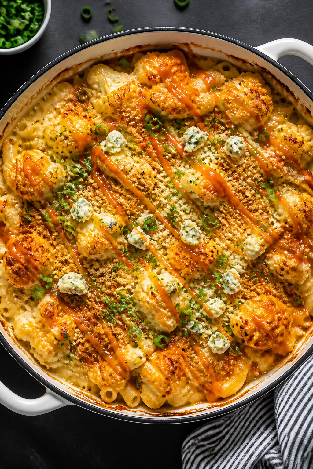 Final dish, tasty top view: Buffalo Cauliflower Mac and Cheese in a shallow enamel baking dish, broi
