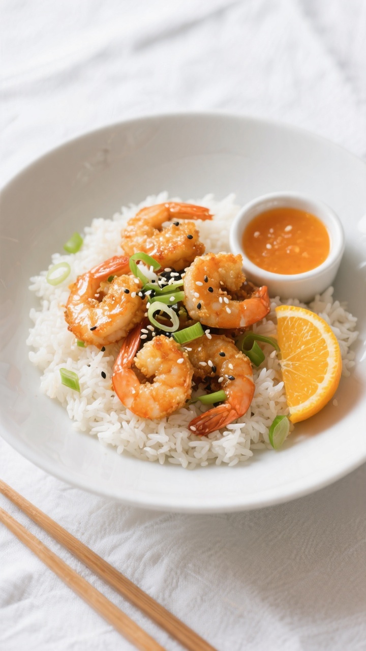 Final dish, tasty top view: Overhead shot of Crispy Orange Shrimp plated over fluffy jasmine rice in