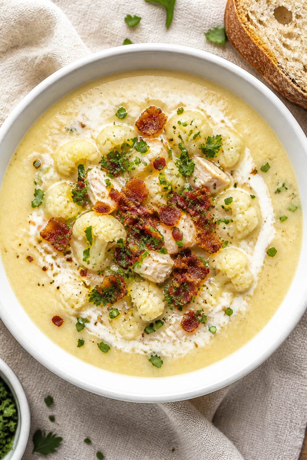 Final dish top view: Overhead shot of a bowl of Creamy Chicken Bacon Cauliflower Soup—smooth, pale