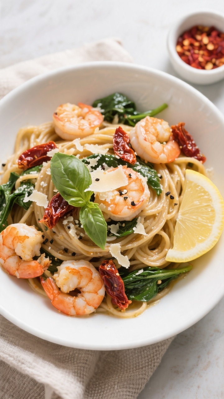 Final dish top view: Overhead shot of a restaurant-quality bowl of Healthy Tuscan Garlic Shrimp Past