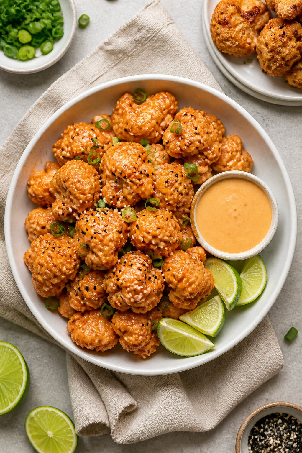 Final dish, top view: Overhead shot of a shallow white bowl piled with sauced bang bang cauliflower 