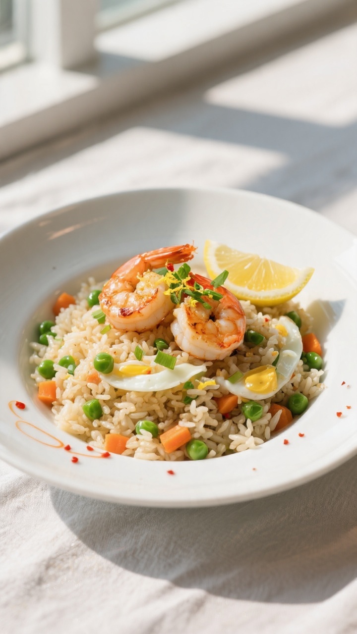 Final dish, top view: Overhead shot of Garlic Butter Shrimp Fried Rice plated in a wide, shallow whi
