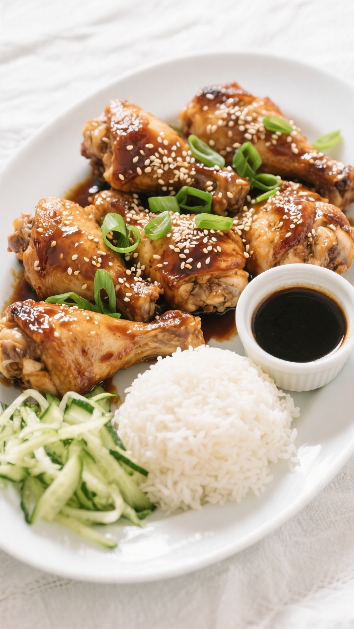 Final dish top view: Overhead shot of Garlic Soy Chicken Thighs plated family-style on a wide white 