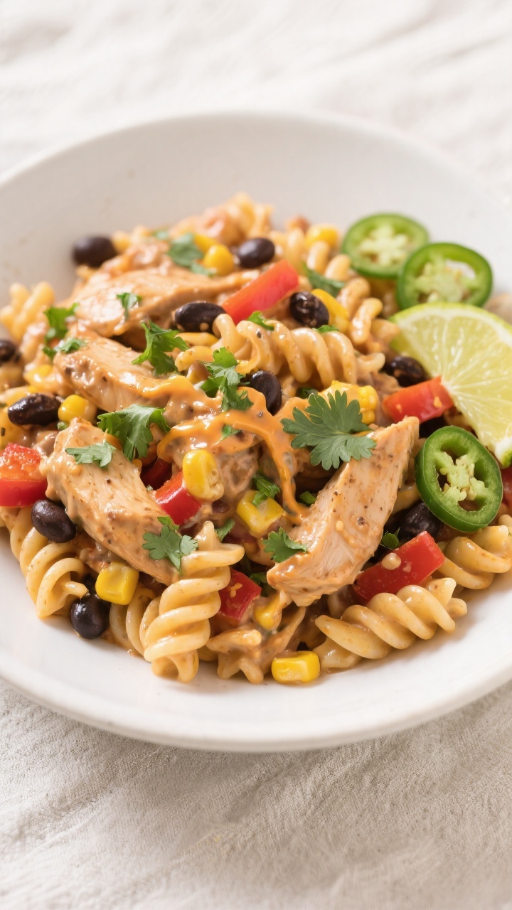 Final dish, top view: Overhead shot of Protein Packed Southwest Chicken Pasta—al dente rotini coat