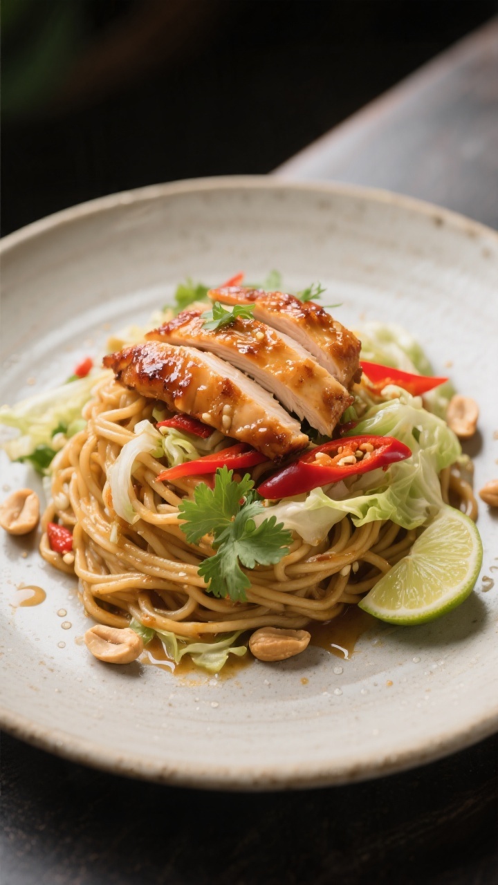Final plated beauty: Elegant plated serving of Thai Peanut Noodles with Chicken twirled into a neat 