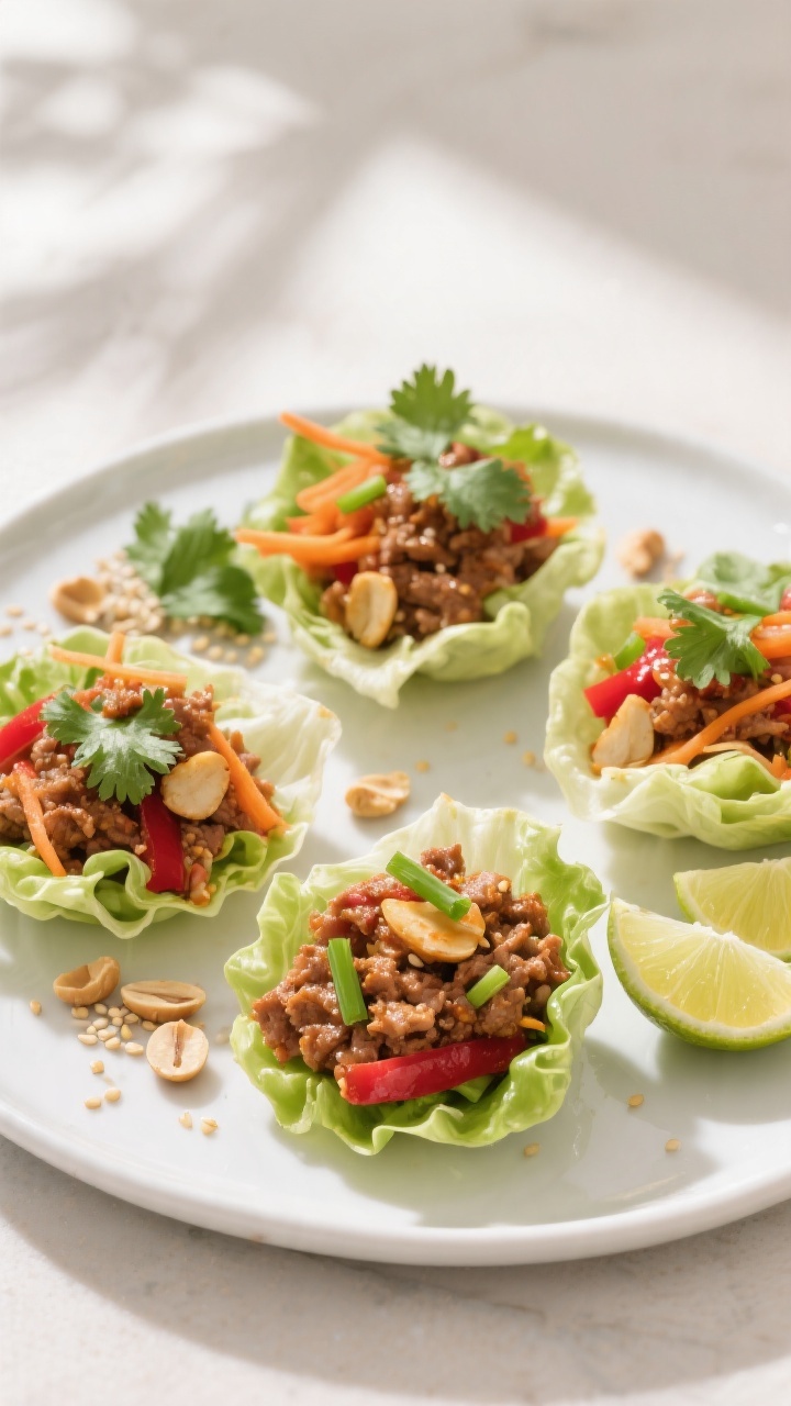 Final plated beauty: Ground Turkey Lettuce Wraps assembled in crisp butter lettuce cups on a white c