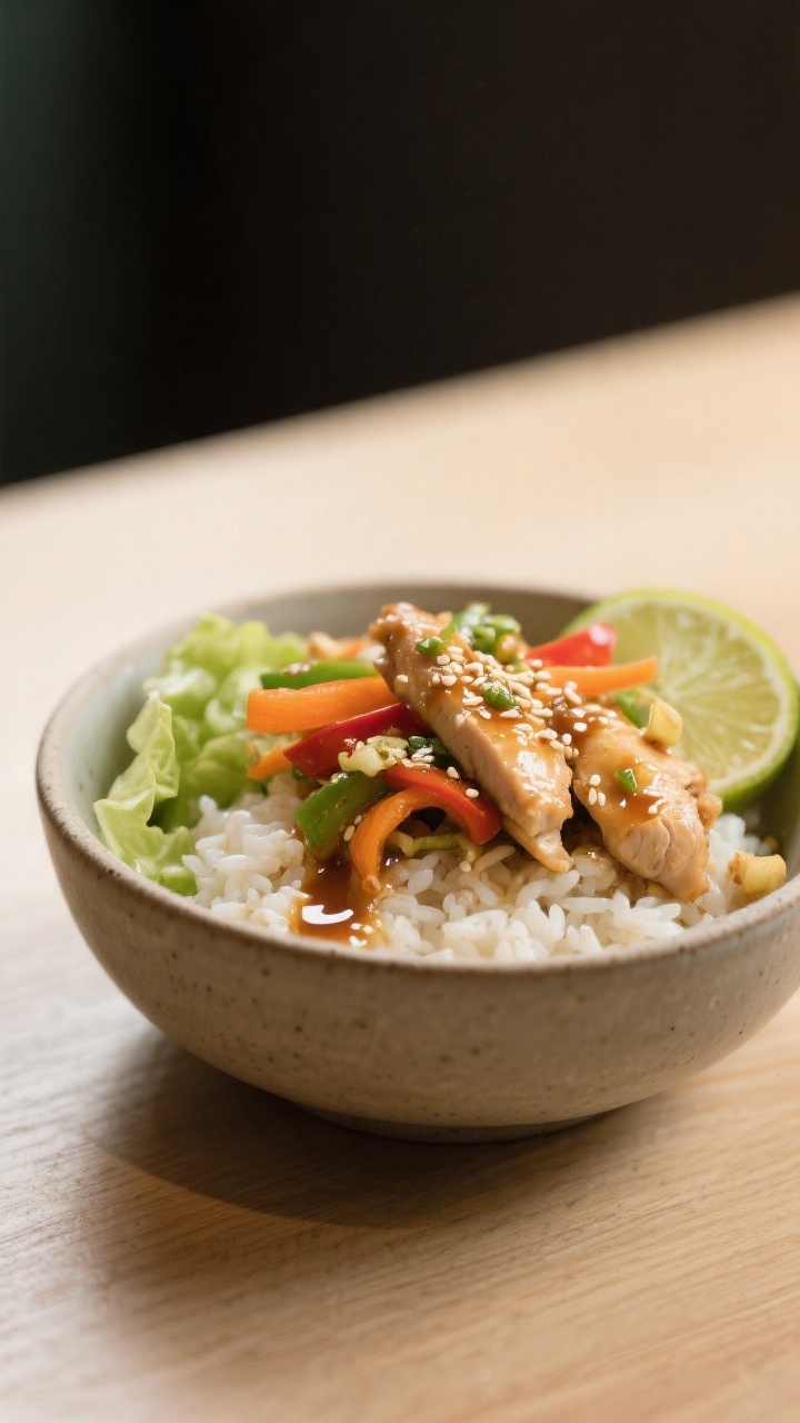 Final plated beauty: Hero close-up of a single bowl focusing on texture—fluffy rice base, crisp le