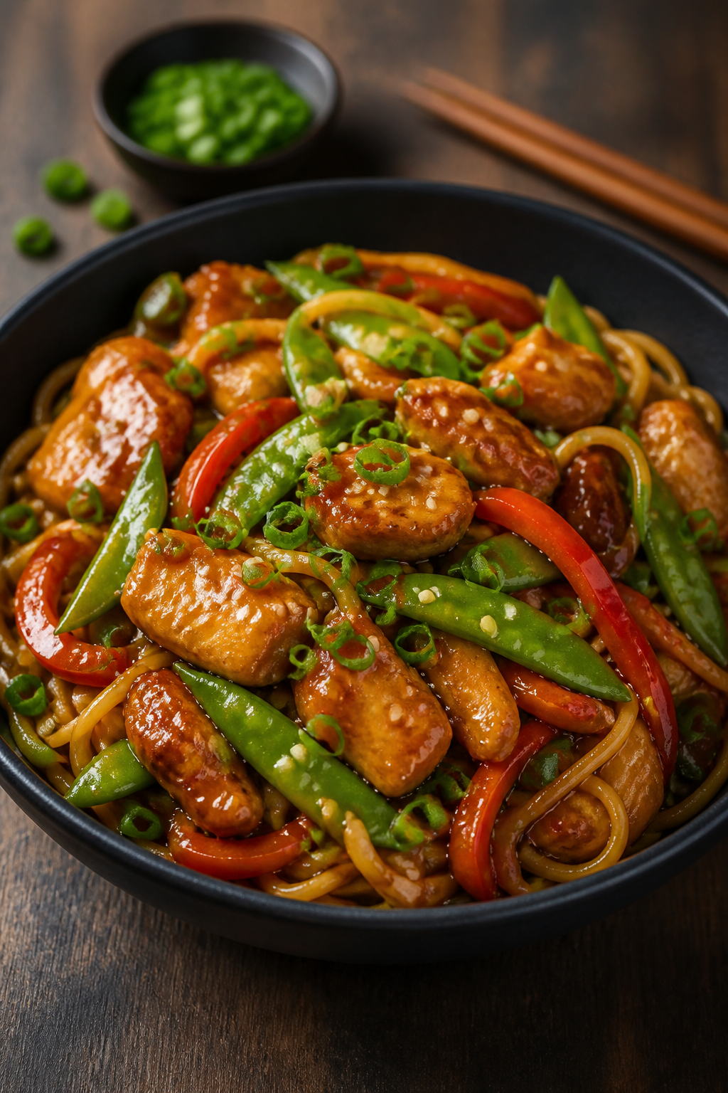 Final plated beauty — Noodles presentation: Three-quarter angle close-up of the finished stir fry 