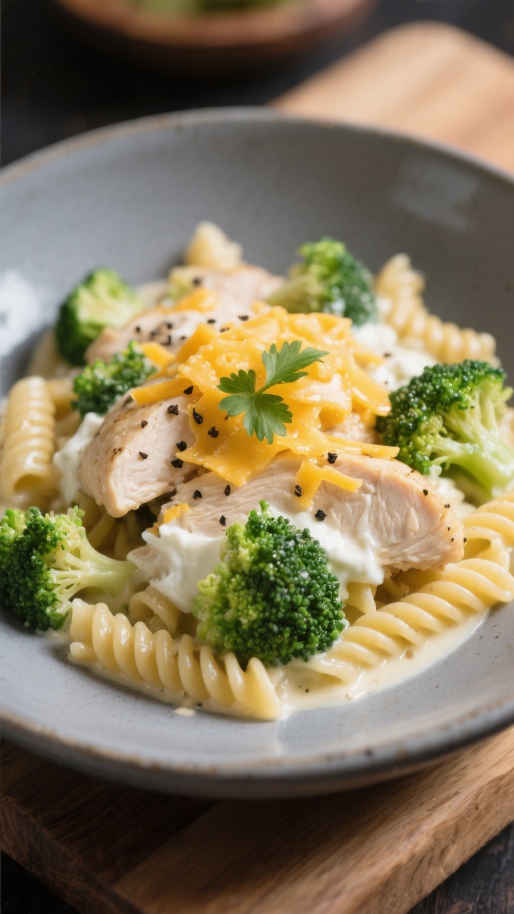 Final plated beauty: Restaurant-quality bowl of Healthy Broccoli Cheddar Chicken Pasta, sauced to a