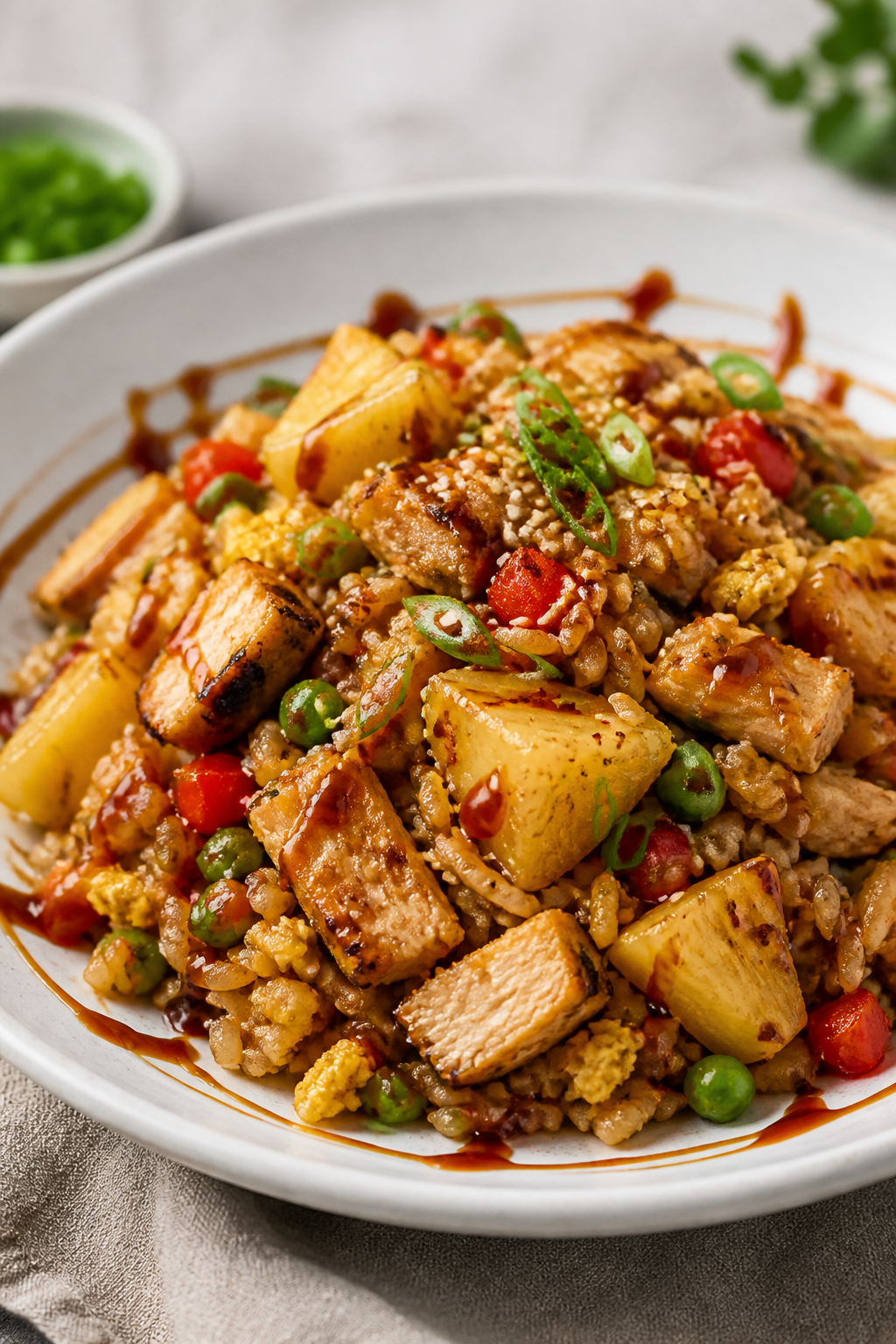 Final plated beauty: Restaurant-quality presentation of BBQ Chicken & Pineapple Fried Rice mounded i