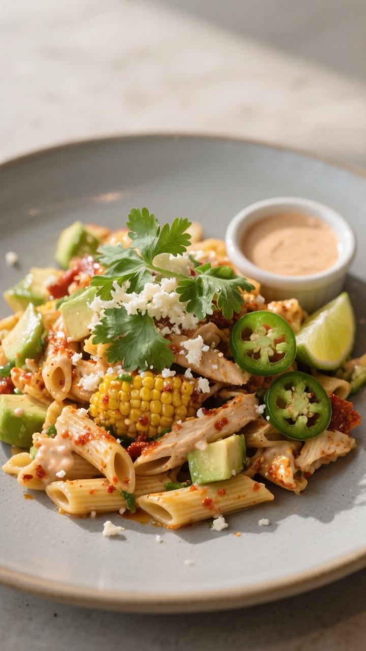 Final plated beauty: Restaurant-quality presentation of a heaping portion of Street Corn Chicken Pas