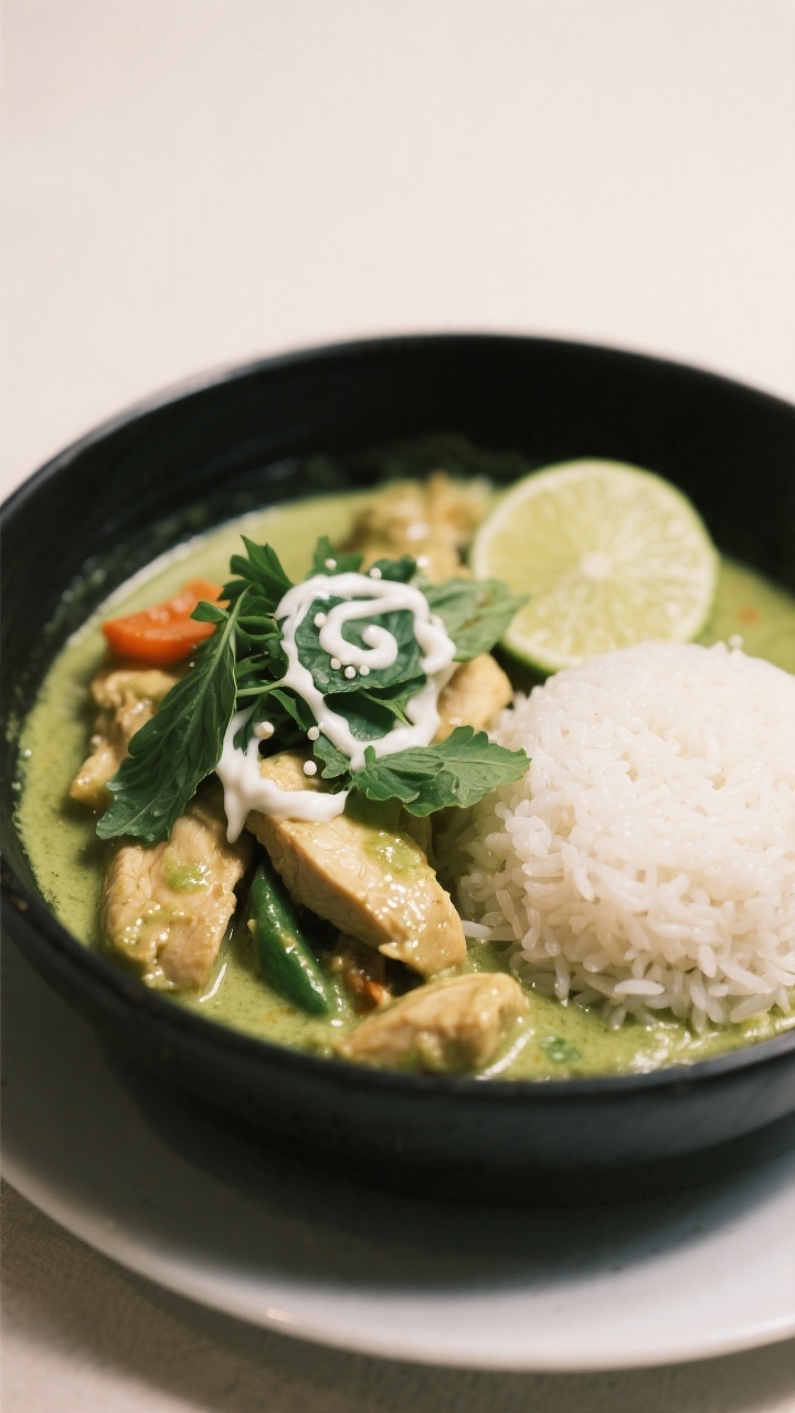 Final plated beauty: Restaurant-style presentation of Thai Green Curry Chicken in a matte black bowl